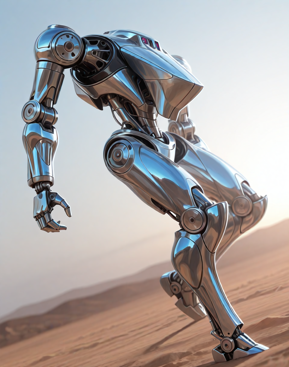 <lora:Cyberdyne_(Terminator)_(Illustrious)_(AD):1.35> Cyberdyne, robot, 
((
exterior, science fiction,
dutch angle, dynamic action, side view, glossy titanium chrome, 
)),
BREAK: very awe, aesthetically pleasing, masterpiece, best quality, amazing quality, very aesthetic, depth of field, absurd details, depth of field, atmospheric rendering, natural shading, soft shading, 
BREAK: lazympos, lazypos (3),