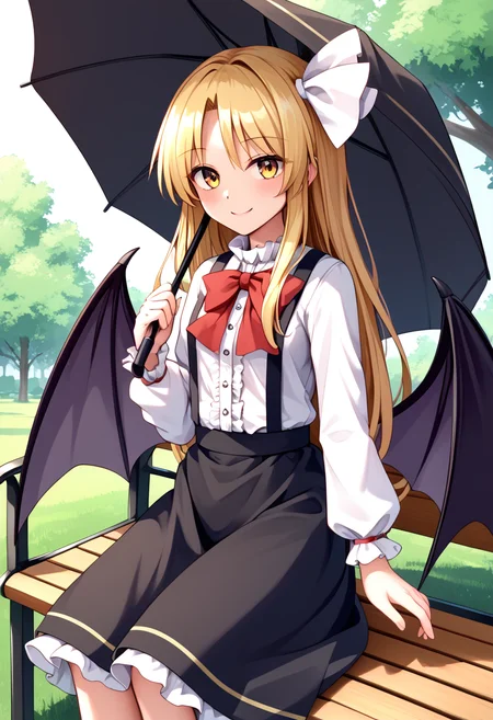 score_9_up, score_8_up, score_7_up, BREAK source_anime, (masterpiece), (best quality), 1girl, kurumi (touhou), wings, long hair, bat wings, blonde hair, yellow eyes, bow, shirt, skirt, black suspenders, long sleeves, looking at viewer, slightly smile, blushed, closeup upper body, (ultra detailed), shine, sunlight, (from front:0.6), sitting on bench, park, under parasol, holding parasol, <lora:kurumi(touhou)-V1:1>