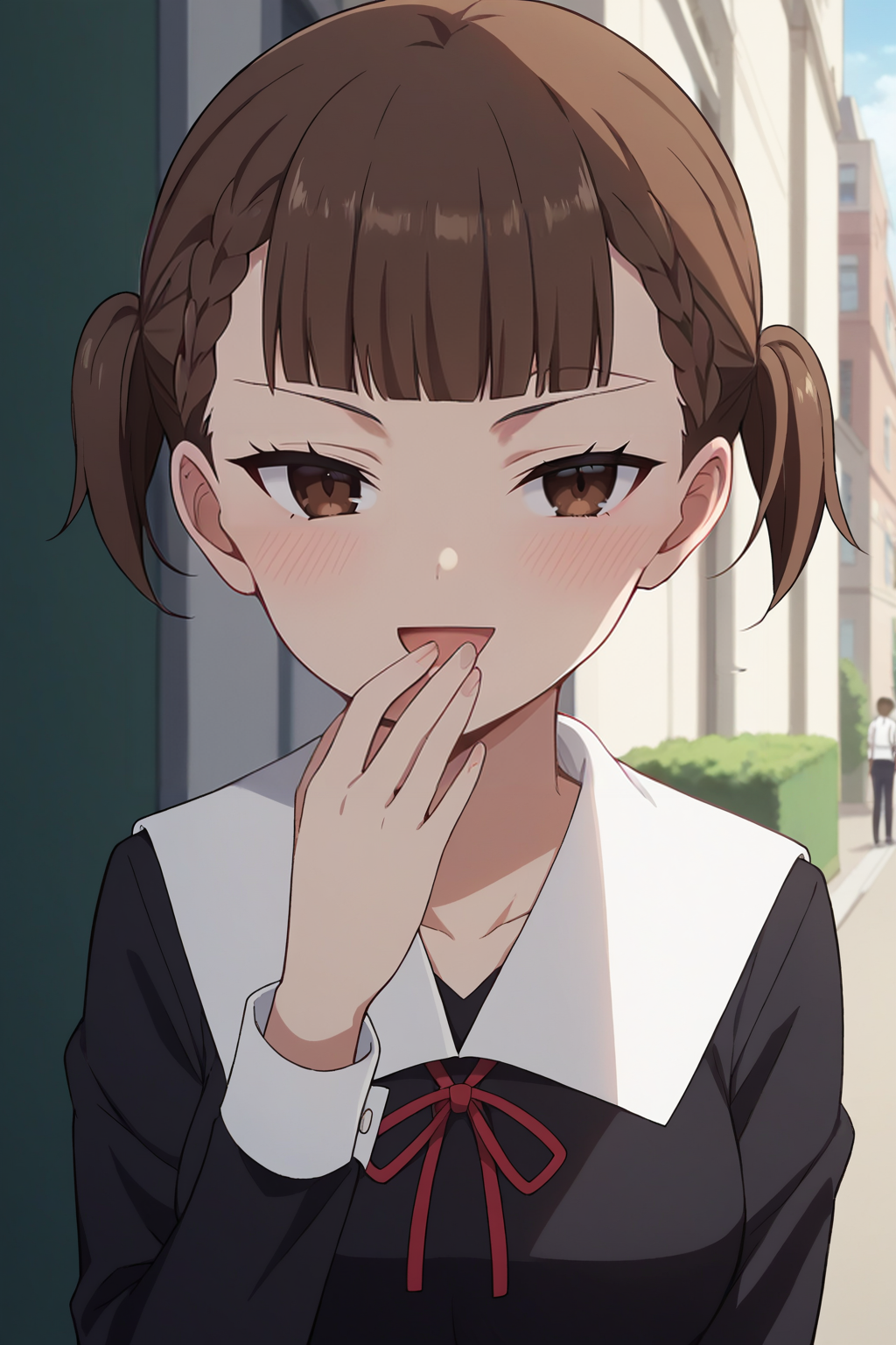 score_9, score_8_up, score_7_up, source_anime, 1girl, prefect lighting, very aesthetic, intricate details, highly detailed background, masterpiece, high quality, prefect hands, best quality, solo,
<lora:Maki_Shijou_Kaguya-sama_Love_Is_War_V1:.85>, KJOmaki, brown hair, brown eyes, blunt bangs, short twintails, 
black school uniform, 
smug, hand over mouth, open mouth, head tilt, blush,
sunny, street,
(Beautiful, medium Breasts:1.2), natural breasts,