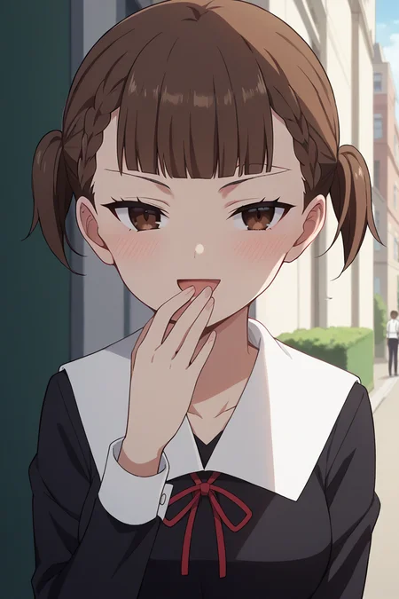 score_9, score_8_up, score_7_up, source_anime, 1girl, prefect lighting, very aesthetic, intricate details, highly detailed background, masterpiece, high quality, prefect hands, best quality, solo,
<lora:Maki_Shijou_Kaguya-sama_Love_Is_War_V1:.85>, KJOmaki, brown hair, brown eyes, blunt bangs, short twintails,
black school uniform,
smug, hand over mouth, open mouth, head tilt, blush,
sunny, street,
(Beautiful, medium Breasts:1.2), natural breasts,