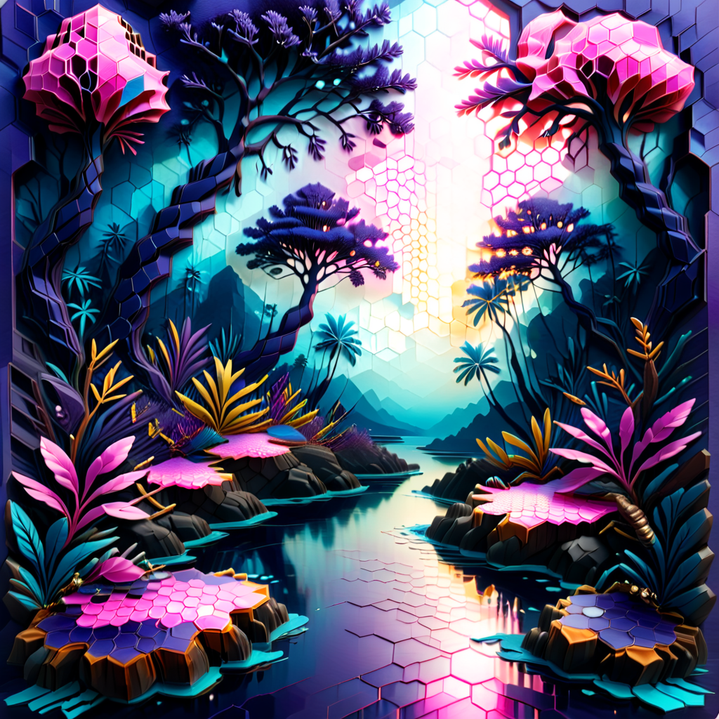 abstract nature print, island, neon glows, woodcut, silk, surrealism style, Foreground, purple, pink, and blue, honeycomb pattern, double exposure effect, reflections accents, balanced, woven texture, burnished finish <lora:artfully_DEPTHMAP:0.8>,  depth map, in the style of carved relief, embossing, encaustic, papercraft,