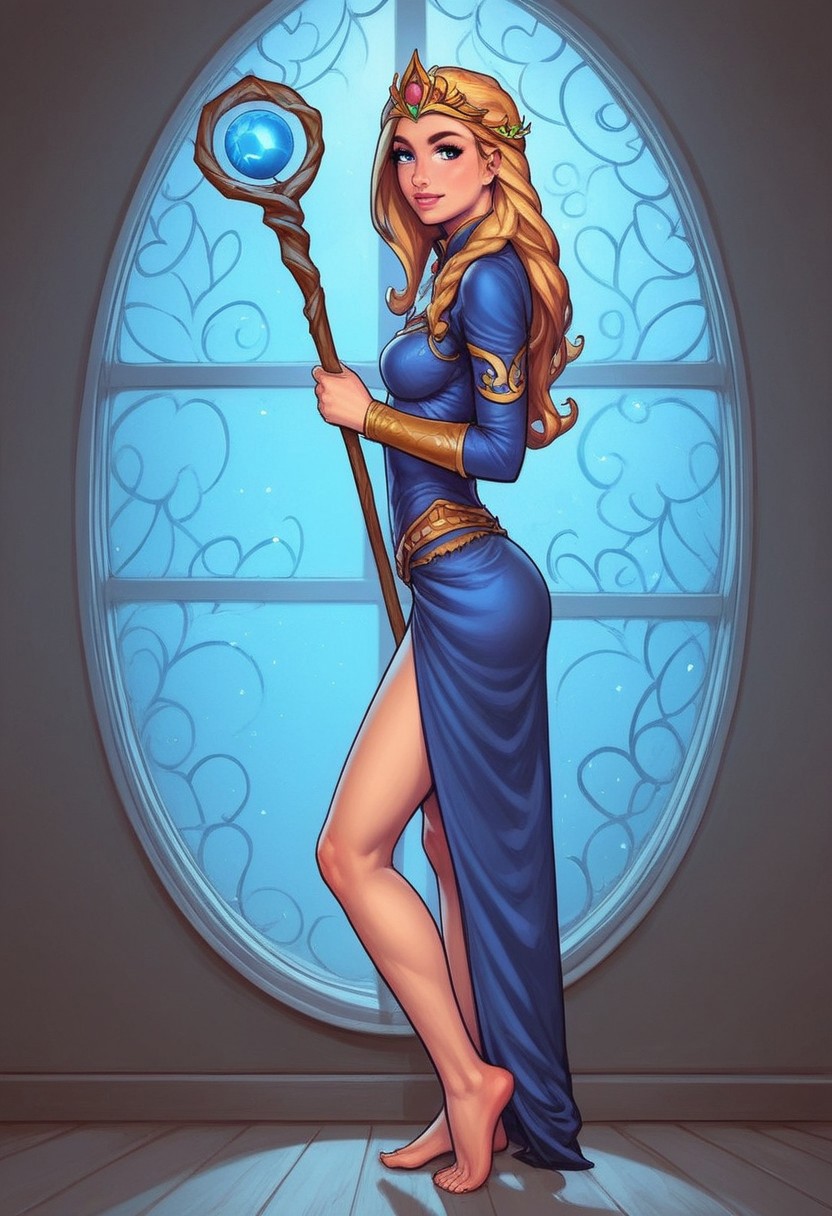 1girl, (((side view))), from front, solo, illustration, comic style, highly detailed, skinny, model body, looking at viewer, masterpiece, best quality, 1girl, masterpiece, best quality, fayenchantress, 1girl, solo, blonde hair, long hair, blue eyes, (young beauty, fit body:1.3), ((((magic shining orb in staff right hand, opened magic book in left hand)))), ((((magic clothes, tiara)))), dynamic pose
<lora:FayEnchantress:0.9>
BREAK 
(((dark magic Observatory inside, night sky in window:1.6)))) score_9, score_8_up, score_7_up, score_6_up, source_cartoon, rating_explicit, Expressiveh, ((((full body))))), dynamic pose