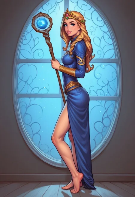 1girl, (((side view))), from front, solo, illustration, comic style, highly detailed, skinny, model body, looking at viewer, masterpiece, best quality, 1girl, masterpiece, best quality, fayenchantress, 1girl, solo, blonde hair, long hair, blue eyes, (young beauty, fit body:1.3), ((((magic shining orb in staff right hand, opened magic book in left hand)))), ((((magic clothes, tiara)))), dynamic pose
<lora:FayEnchantress:0.9>
BREAK
(((dark magic Observatory inside, night sky in window:1.6)))) score_9, score_8_up, score_7_up, score_6_up, source_cartoon, rating_explicit, Expressiveh, ((((full body))))), dynamic pose