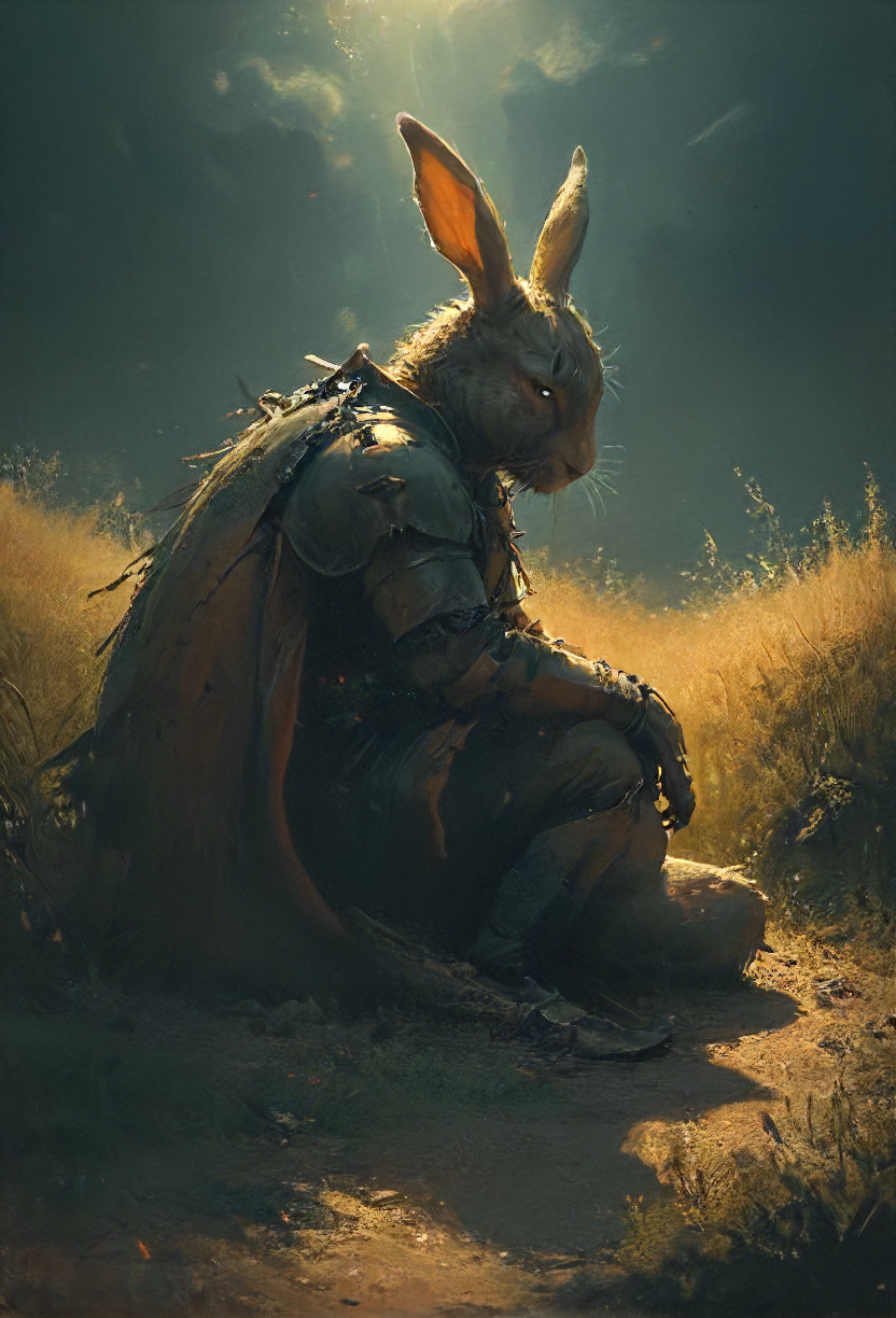 rugged scarred sad rabbit (on the ground:1.2) on a meadow because it was to exhausting to bring eternal cuteness to this tainted dark lands, glowing, (eternal slumber:1.2), (sleeping:1.1), knight, (rest:1.1), (damaged bloody:1.1) messy armor,
chipped ears, (scars:1.3), (past away:1.1), serene, side view, dynamic shadow play, (closed eyes:1.5), (eyes shut:1.2),  (wast landscape backdrop:1.2), cinematic, sharp focus, last breath,  vivid , simplified, intricate, <lora:HKStyle_V3:0.5>, <lora:- SDXL - vanta-black_contrast_V3.0:0.5>, <lora:20240322-1711051399194:0.4>, <lora:artfullyECHELIER_SDXL_V1:0.4>, <lora:sss:0.8>, <lora:SDXL - Style - EldritchRomanceIllustration1.3.1:0.4>  <lora:Cute_Drawing:0.2>
