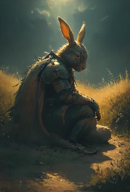 rugged scarred sad rabbit (on the ground:1.2) on a meadow because it was to exhausting to bring eternal cuteness to this tainted dark lands, glowing, (eternal slumber:1.2), (sleeping:1.1), knight, (rest:1.1), (damaged bloody:1.1) messy armor,
chipped ears, (scars:1.3), (past away:1.1), serene, side view, dynamic shadow play, (closed eyes:1.5), (eyes shut:1.2),  (wast landscape backdrop:1.2), cinematic, sharp focus, last breath,  vivid , simplified, intricate, <lora:HKStyle_V3:0.5>, <lora:- SDXL - vanta-black_contrast_V3.0:0.5>, <lora:20240322-1711051399194:0.4>, <lora:artfullyECHELIER_SDXL_V1:0.4>, <lora:sss:0.8>, <lora:SDXL - Style - EldritchRomanceIllustration1.3.1:0.4>  <lora:Cute_Drawing:0.2>