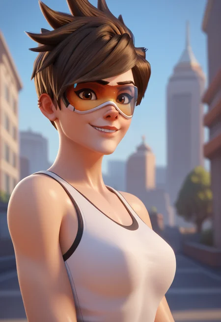 score_9,score_8_up,score_7_up,score_6_up ,source_overwatch <lora:overwatch_rule34_xl_pd_goofy_16:1> score_9, score_8_up, score_7_up, 1girl, solo, tracer \(overwatch\), portrait, upper body, smile, looking at viewer, depth of field, outdoors,city, tank top,brown eyes,blonde hair, short hair, spiked hair