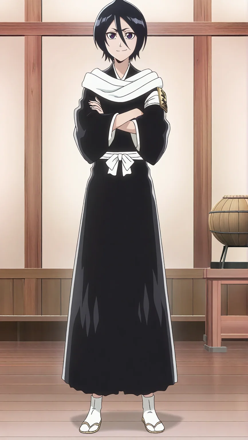 source_anime, masterpiece, best quality, amazing quality, anime screencap, high quality, 8k, absurdres, official style, indoors, well lit, <lora:Rukia_Kuchiki_TYBW_iL:1>, ruk14 kuch1k1, black hair, short hair, purple eyes, hair between eyes, soul reaper outfit, japanese clothes, kimono, haori, zouri, tabi, long sleeves, black kimono, scarf, tekko, arm patch, arms crossed, looking at viewer, smile