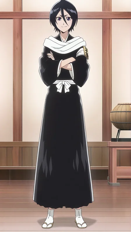 source_anime, masterpiece, best quality, amazing quality, anime screencap, high quality, 8k, absurdres, official style, indoors, well lit, <lora:Rukia_Kuchiki_TYBW_iL:1>, ruk14 kuch1k1, black hair, short hair, purple eyes, hair between eyes, soul reaper outfit, japanese clothes, kimono, haori, zouri, tabi, long sleeves, black kimono, scarf, tekko, arm patch, arms crossed, looking at viewer, smile