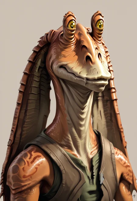 <lora:p:0.7> <lora:Gungan_Generator_LORA_PONY:0.9> gungan, 1boy, orange skin, yellow eyes, alien, simple background, smile