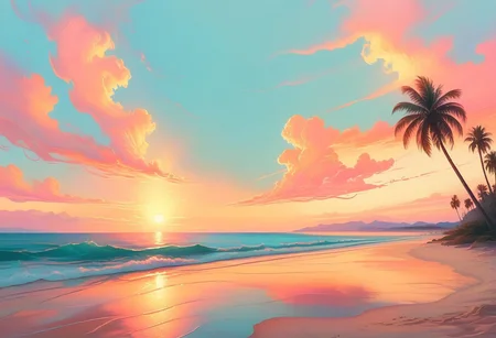 Warm golden light of a summer sunset casting long shadows across a serene ocean beach, waves gently lapping at the shore, palm trees swaying in the breeze, pastel hues of pink and orange bleeding into the sky, impressionist brushstrokes and soft focus, subtle textures reminiscent of RHADS' dreamy landscapes, Alena Aenami's ethereal color palette and delicate light play, inviting and peaceful atmosphere