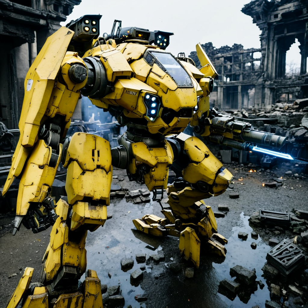 <lora:mecha:1>, photograph, highly detailed, mecha, robot, yellow skin, day, glass windsheild, outdoors, ruins, battle, size difference, cold light, burning, firing