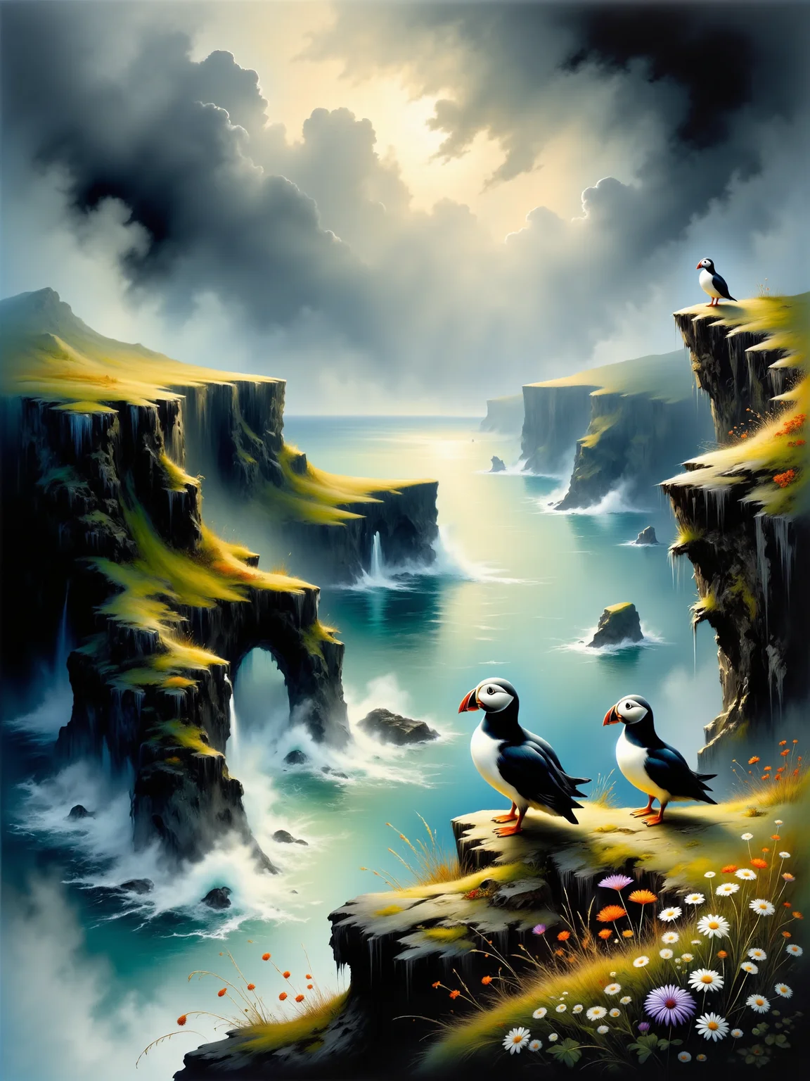 realistic nature illustration, an intricately detailed watercolor painting featuring three atlantic puffins perched on a mossy ledge overlooking a high cliff on the skellig islands with the churning atlantic ocean deep below, the point of view emphasizes the dramatic height of the cliff, the foreground features the rugged cliffside, with lush patches of green moss growing in thick tufts around the jagged rocks, nestled among the moss are a patches of hardy wildflowers native to the skellig islands, small and delicate, with muted shades of purple and white, in the background, the vast atlantic ocean stretches out, its waters churning with white-capped waves crashing against the base of the cliffs, the ocean’s color is a deep blue-gray, with hints of teal where the sunlight breaks through the clouds, the horizon is distant, blending into a dramatic sky, the sky above is filled with moody, rolling clouds, alternating between dark, stormy gray and patches of brighter light where the sun pierces through, creating dappled lighting across the scene, rays of sunlight filter through the clouds, illuminating parts of the ocean and casting a soft glow on the puffins, the lighting is natural yet dramatic, with the interplay of sunlight and shadow creating depth and contrast, the puffins are subtly highlighted by the soft light, while the distant ocean reflects the churning motion of the waves, the watercolor technique captures the delicate textures of the puffins’ feathers, the rugged cliffside, and the swirling ocean, with fluid, translucent brushstrokes creating a sense of motion in both the sea and sky, the overall mood is evoking the untamed beauty of the coastal environment, dramatic point of view, dark corners, crepuscular rays, volumetric lighting, intricate details, quaint, picturesque, painterly, <lora:style-ethereal_grace-flux-by_andreac75:0.9> <lora:image_enhancer-flux-by_dever:0.88>