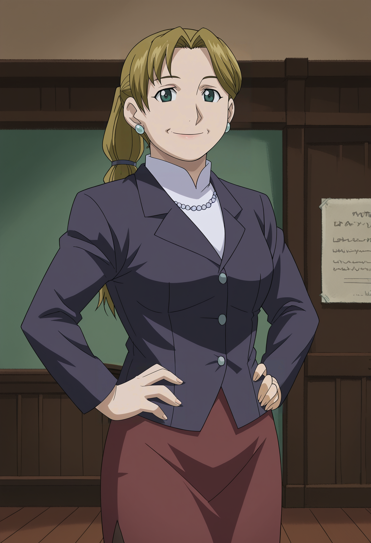 <lora:Mrs._Bradley-Fullmetal_Alchemist:0.85>,fma,mature female,1girl,solo,blonde hair,green eyes,ponytail,earrings,formal,shirt,jacket,skirt,pantyhose,hands on own hips,looking at viewer,indoors,smile