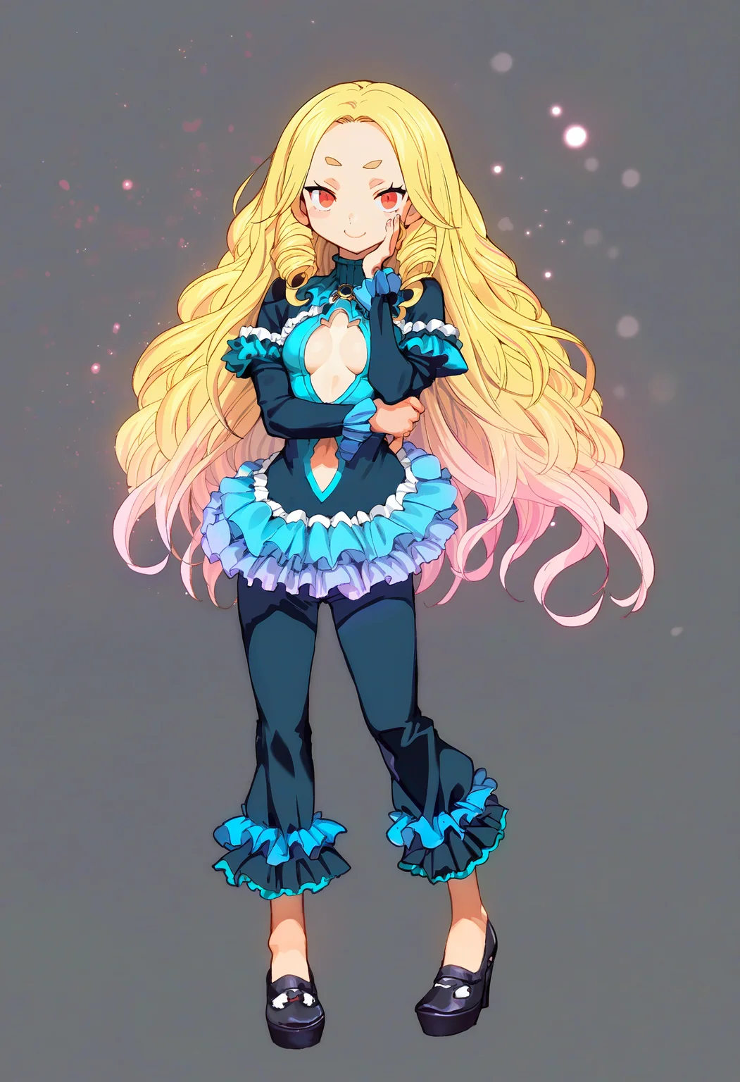 score_9,score_8_up,score_7_up,score_6_up,source_anime,<lora:Cool_Rance_XL_V2:1>,solo,solo focus,1girl,full body,bangs pinned back,forehead,blonde hair,long frilled dress,looking at viewer,standing,beautiful_detailed_eyes,smile,serious,short twintails,curly hair,long hair,pink hair ornament,red eyes,small breasts,wide hips,chest cutout,hand on face,arm across waist,high heels,simple background,black background,