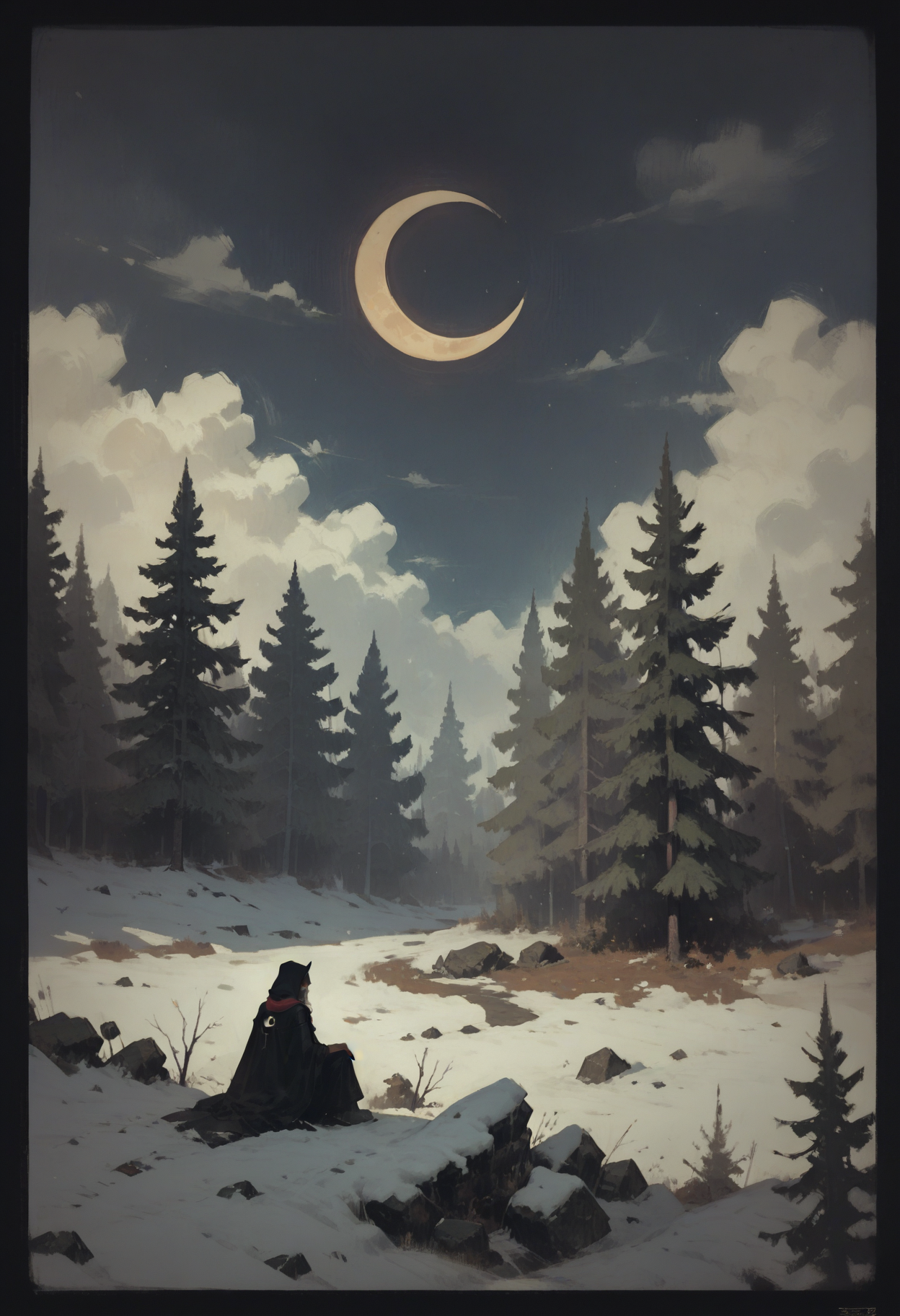score_9, score_8_up, score_7_up score_9, score_8_up, score_7_up, score_6_up, score_5_up, score_4_up,
 <lora:NeonFantasyNocturneV10:1> cult1st,
, 1girl, solo, outdoors, sky, cloud, tree, border, moon, scenery, nature, snow, forest, crescent moon, winter, bare tree