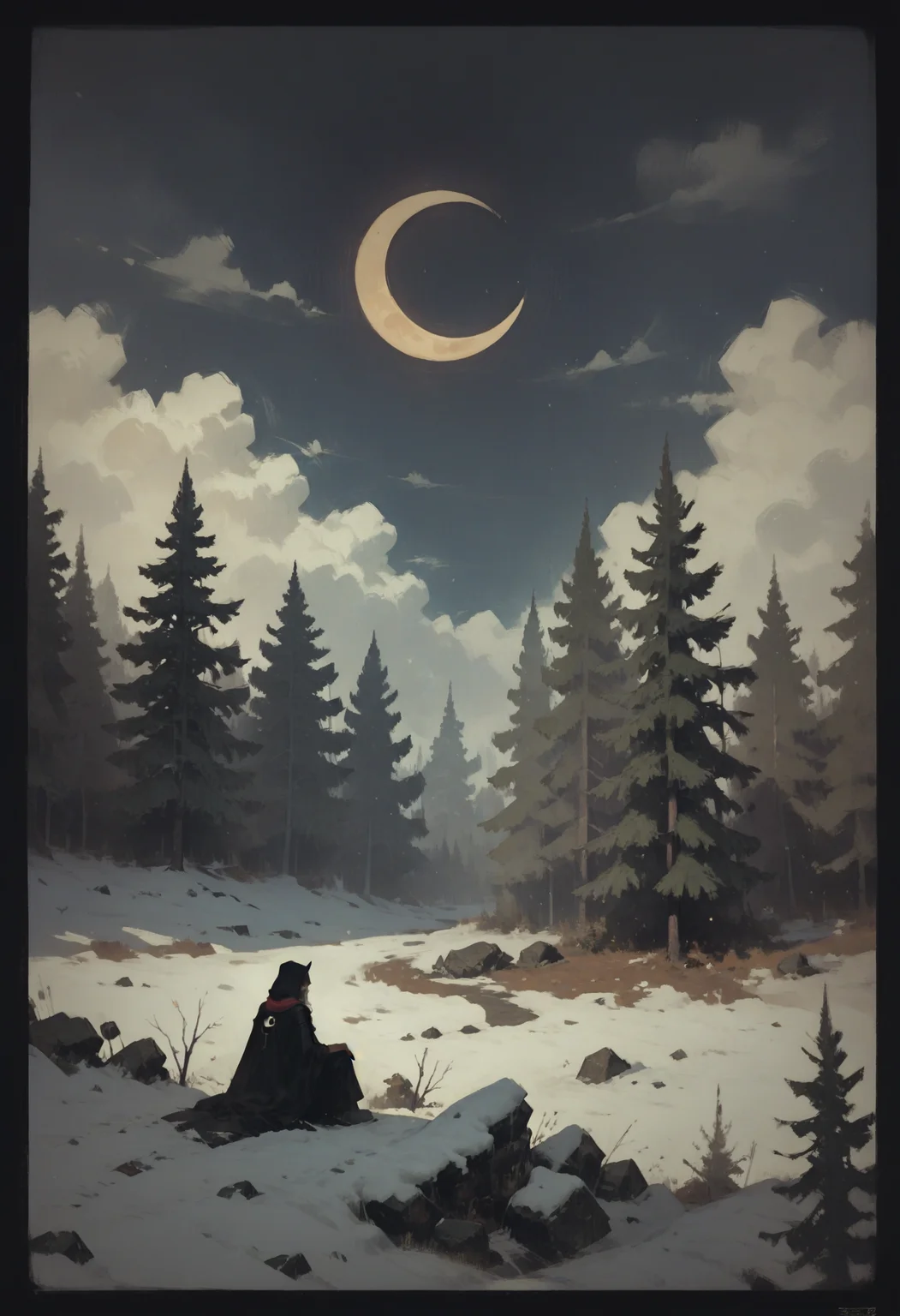 score_9, score_8_up, score_7_up score_9, score_8_up, score_7_up, score_6_up, score_5_up, score_4_up,
 <lora:NeonFantasyNocturneV10:1> cult1st,
, 1girl, solo, outdoors, sky, cloud, tree, border, moon, scenery, nature, snow, forest, crescent moon, winter, bare tree