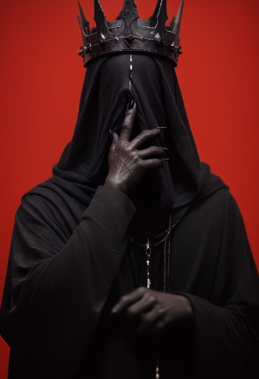 (score_9, score_8_up), score_7_up, 1girl, Highly detailed RAW color Photo, cowboy shot, long sleeves, upper body, hood, wide sleeves, fingernails, 1hand up, black skin, cloak, black claws, hood up, robe, sharp fingernails, covered face, no face, emotionless in black, crown, 
dark lighting, dof, depth of field, realistic, red background, simple background, light partials, CINE, fire embers, low-key,
<lora:unholy-000009:0.8> <lora:CINE-000008:0.4> <lora:- SDXL - vanta-black_contrast_V3.0:0.5>  <lora:- SDXL - covered_in_stuff_V1.0:0.8> <lora:hand 4:0.5>