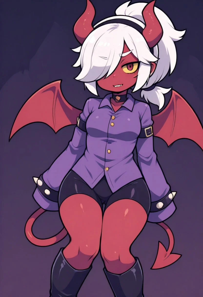 trixie colette, 1girl, solo, perfect body, demon girl, colored skin, red skin, red eyes, yellow sclera, hairband, demon horns, ponytail, short hair, white hair, hair over one eye, choker, demon wings, demon tail, open purple shirt, long sleeves, sleeves past wrists, spikes, arm belt, spiked bracelet, bike shorts, boots, knee boots,