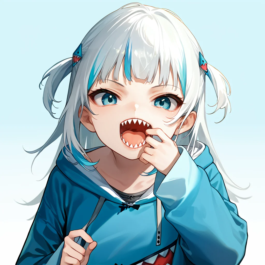 score_9_up, score_8_up, score_7_up, score_6_up, 1girl, source anime, solo, gawr gura, blue hoodie, blue eyes, sharp teeth, open mouth, pulling at own mouth, uvula, looking at viewer, happy, <lora:guraXL:1> <lora:AS109_Style:1> <lora:Expressive_H:1>