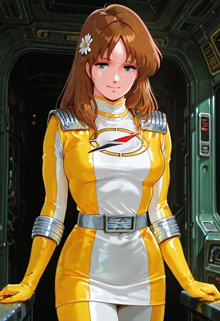 masterpiece,best quality,amazing quality, absurdres, <lora:hayase_misa_the_super_dimension_fortress_macross_ilxl_goofy:1>  hayase misa, 1980s \(style\), 1girl, breasts, green eyes, hair flower, hair ornament, long hair, medium breasts,  smile, solo, b0uk3ng3r, [color] bodysuit, [color] gloves, [color] skirt, miniskirt, shoulder pads, silver belt,navel,midriff,evil