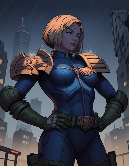 score_9, score_8_up, score_7_up,score_6_up, score_5_up, score_4_up ,
1girl, solo,
large breasts,
jandersondg,
blonde hair, short hair, blue eyes,
armor, blue bodysuit, pauldrons,
science fiction, city, night, rain,
from below, half-closed eyes, hands on hips,
<lora:Judge Anderson DG PXL v01-000002:0.90>