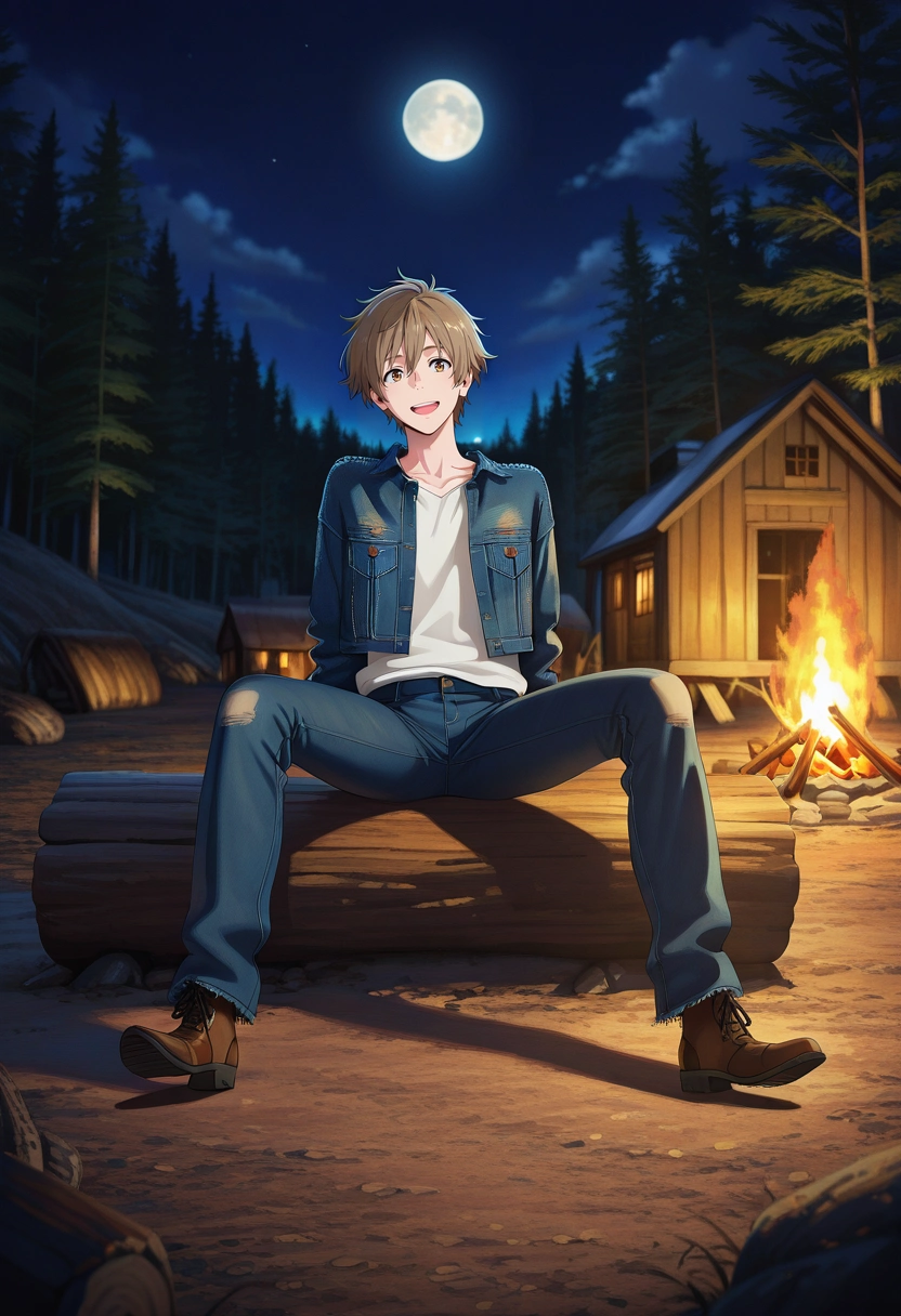 masterpiece, best quality, , semi-realistic, , 1boy, solo, male focus, <lora:shun_hashimoto_ilxl:1>, shun_hashimoto, brown hair, brown eyes, short hair, panorama, cabin, forest, campfire, night, full moon, spread legs, :D, Cargo joggers, Lace Tulle Denim jacket, Wingtip shoes, , and