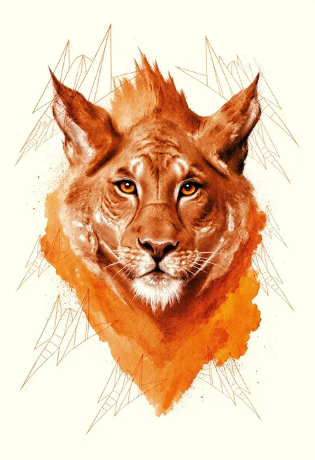 <lora:Acrobatic_Maneuvers_Style_FLUX-000015:0.9> <
This image is a digital drawing that combines elements of surrealism and modern art. The central figure is a stylized, three-dimensional representation of the face of a lion with a large mane, with striking details rendered in various shades of orange.