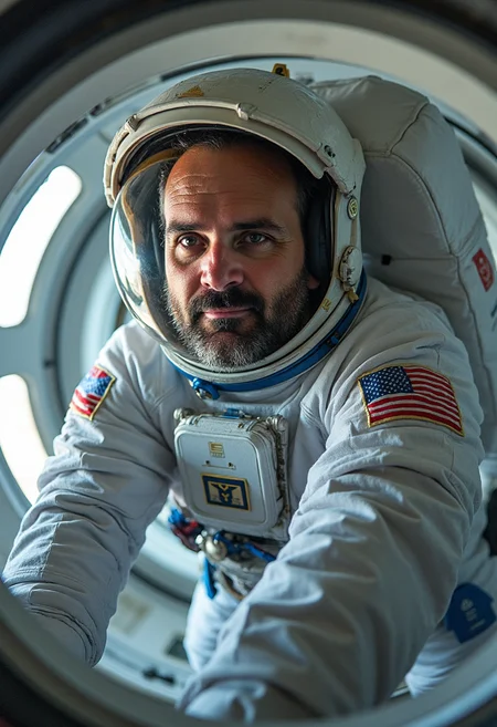 yfg-l3ms, YFG-Th3Dud3 a seasoned 57-year-old astronaut, short beard visible in the visor reflection, floating in zero gravity aboard a station