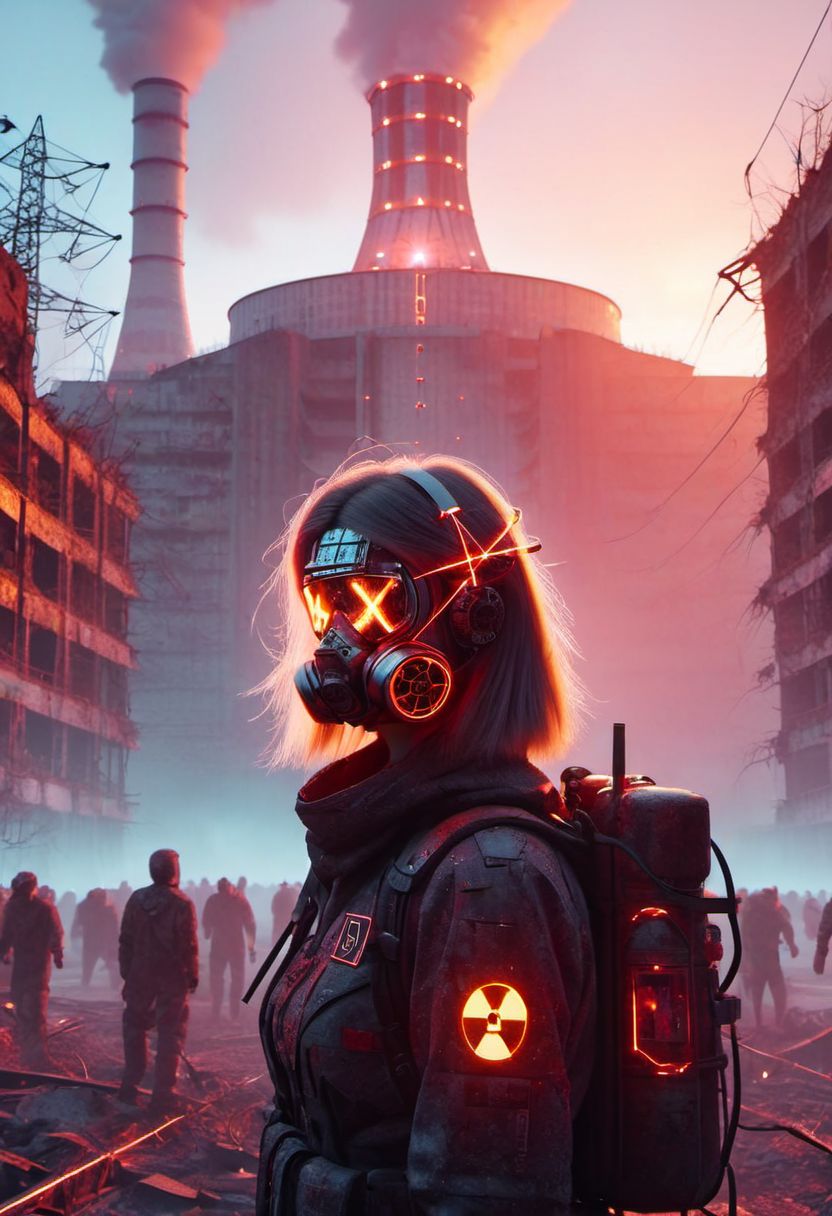 4D render, Chernobyl disaster, nuclear ,  Apocalypse,girl, detailed face, portrait, glowing x, minimalist outfit, anti social , ,cyberpunkartstyle,ruined ancient city,Professional styling, intricate details,8k post production, faithful, Religious denomination,