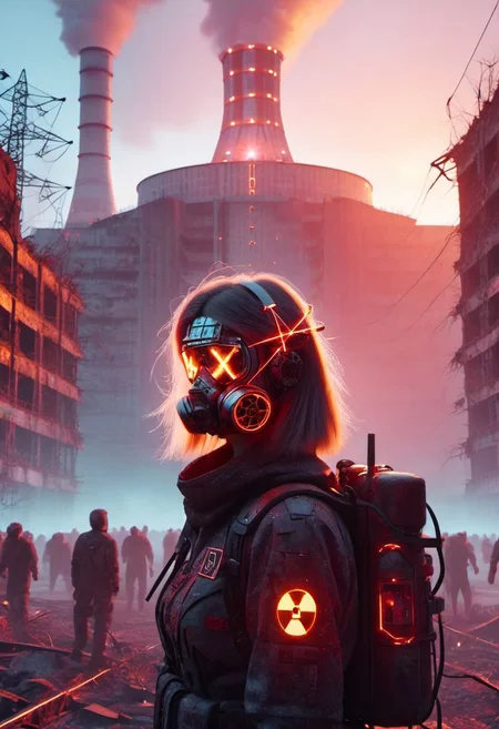 4D render, Chernobyl disaster, nuclear , Apocalypse,girl, detailed face, portrait, glowing x, minimalist outfit, anti social , ,cyberpunkartstyle,ruined ancient city,Professional styling, intricate details,8k post production, faithful, Religious denomination,