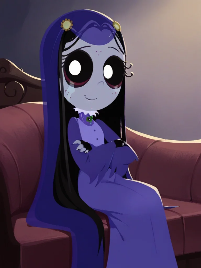 score_9, score_8_up, score_7_up,  
1girl, misery gloom, black hair, black sclera, white eyes, grey skin,  very long hair, blue veil,

sitting, couch, closed mouth, looking at viewer, smile, crossed arms,
blue dress, long dress, long sleeves, wide sleeves, fingerless gloves,
