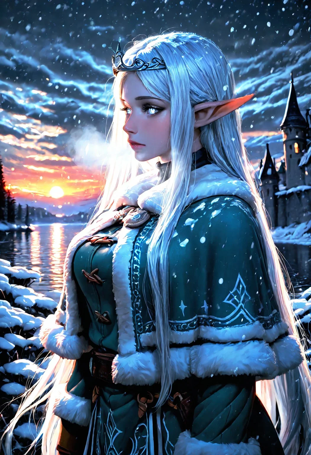 Smooth Quality, 1girl, elf, very pale skin, very pointy ears, blue long straight hair, white eyes, winter clothes (white fur), (white fur-trimmed capelet), tiara, breath, outdoors, castle, lake, snowing, sunset, <lora:Smooth_Lighting_Enhancer:0.5> <lora:Smooth_Booster:1>