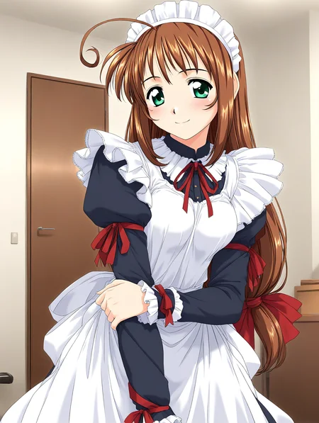 general,highres, game cg, ultra-detailed,very aesthetic,best quality ,best hands, BREAK <lora:Spiral_Nami_IS:1>normal_nami, 1girl, brown hair, maid, green eyes, long hair, maid headdress, breasts, ahoge, red ribbon, frills, maid apron,
apartment house, room,
smile,looking at viewer, cowboy_Shot,