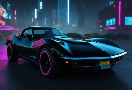 black corvette stingray, cyberpunk city, neon lights