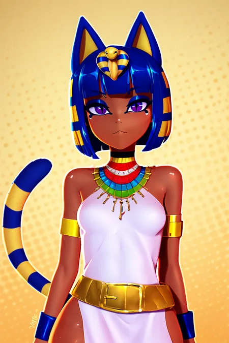 score_9, score_8_up, score_8, medium breasts, (curvy), cute, eyelashes, BREAK, , BREAK, zzEgyptian, animal crossing, animal ears, zzAnkha, armlet, backlighting, bare shoulders, belt, blonde hair, blue hair, blunt bangs, blunt ends, bob positive:BREAK, cut, cat ears, cat girl, cat tail, closed mouth, cropped, daniel deng, dark skin, dress, eye of horus, eyelashes, eyes visible through hair, facial positive:BREAK, tattoo, humanization, purple eyes, shiny skin, short hair, slit pupils, tattoo, usekh collar, white dress , <lora:Egyptian_PDXL:0.8>,, <lora:Zy0n7_PDXL:1.0>, , BREAK, smile, looking at viewer, cowboy shot, embedding:zPDXL, Expressiveh, <lora:SDXLFaeTastic2400:0.5>, <lora:Expressive_H-000001:0.4>,