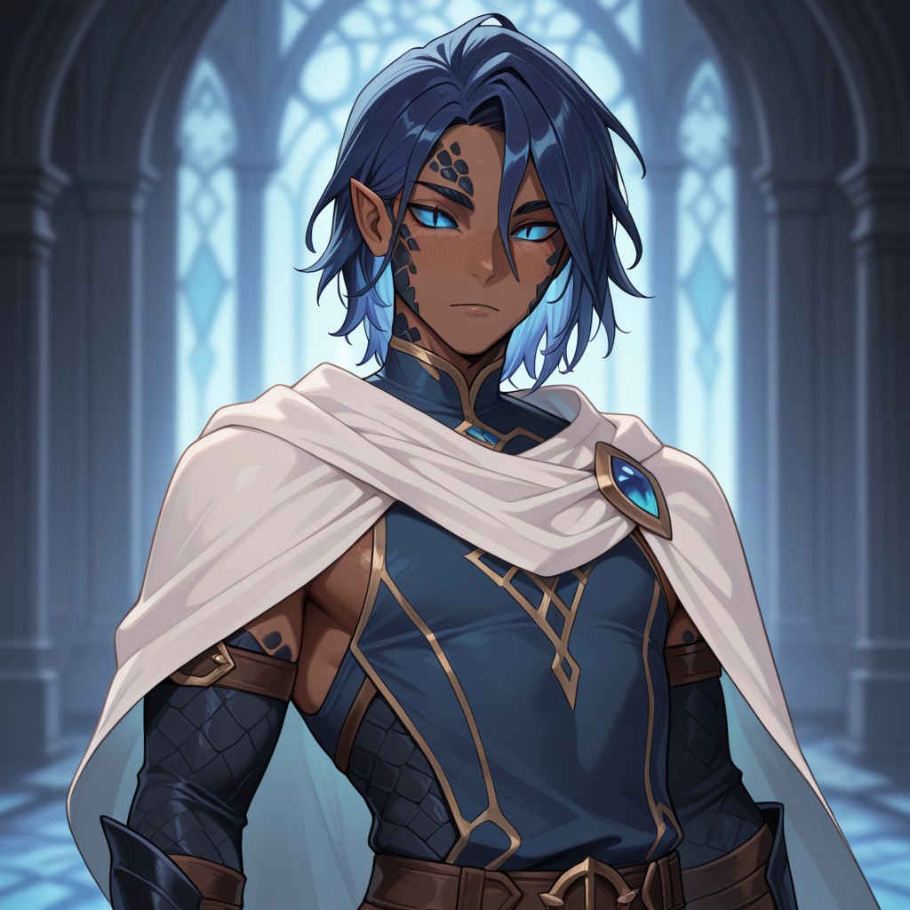 masterpiece, best quality, amazing quality, very aesthetic, solo, upper body,
yuanti, slit pupils, pointed ears,
1boy, male focus, blue eyes, dark skin, black scales, violet blue hair, white cape, 
looking at viewer, posing,
fantasy background, blurred background,
