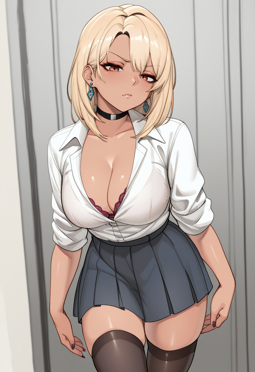 masterpiece, best quality,
1girl, solo,
tanding, looking at viewer, disdain, blonde hair, medium hair, gyaru, medium breasts, school uniform, skindentation, cleavage, skirt, thighhighs, choker, earrings, sleeves rolled up, underwear, bra,
 <lora:Kirinkirin_Style:1> K1r1nk1r1n,