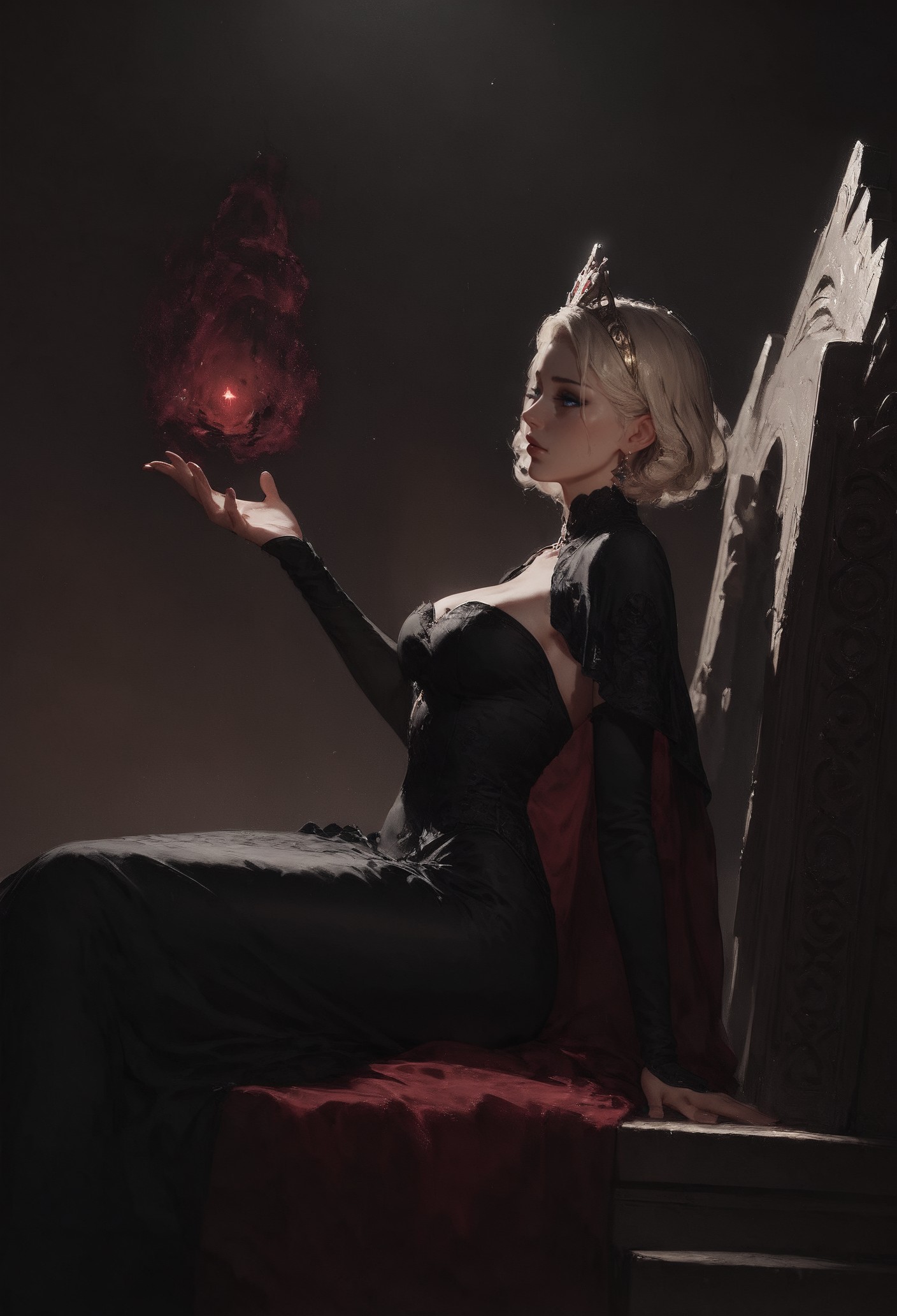 score_9, score_8_up, score_7_up,  queen, blonde hair, portrait, short hair, sitting on a golden throne, red royal dress, castle room, ornate dress, intricate fabrics, star fabric, star patterns, white fur, throne room, golden tiara, dark theme, majestic, fantasy, (magic moonlight, star sky:1.2), (side view:1.2), front view, red theme  <lora:pony/twilight_style:0.8> <lora:pony/expressiveh:0.8> expressiveh <lora:sdxl/sinfully_stylish_sdxl>