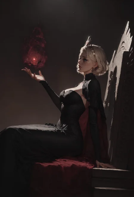 score_9, score_8_up, score_7_up,  queen, blonde hair, portrait, short hair, sitting on a golden throne, red royal dress, castle room, ornate dress, intricate fabrics, star fabric, star patterns, white fur, throne room, golden tiara, dark theme, majestic, fantasy, (magic moonlight, star sky:1.2), (side view:1.2), front view, red theme  <lora:pony/twilight_style:0.8> <lora:pony/expressiveh:0.8> expressiveh <lora:sdxl/sinfully_stylish_sdxl>