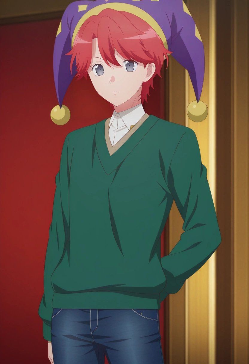 masterpiece, best quality, , anime screencap, anime coloring, official style,, 1boy, solo, male focus, <lora:sirius_dieke_ilxl:1>, sirius_dieke, red hair, grey eyes, short hair, , , Stretch jeans, Half-zip sweater, , Jester hat,
