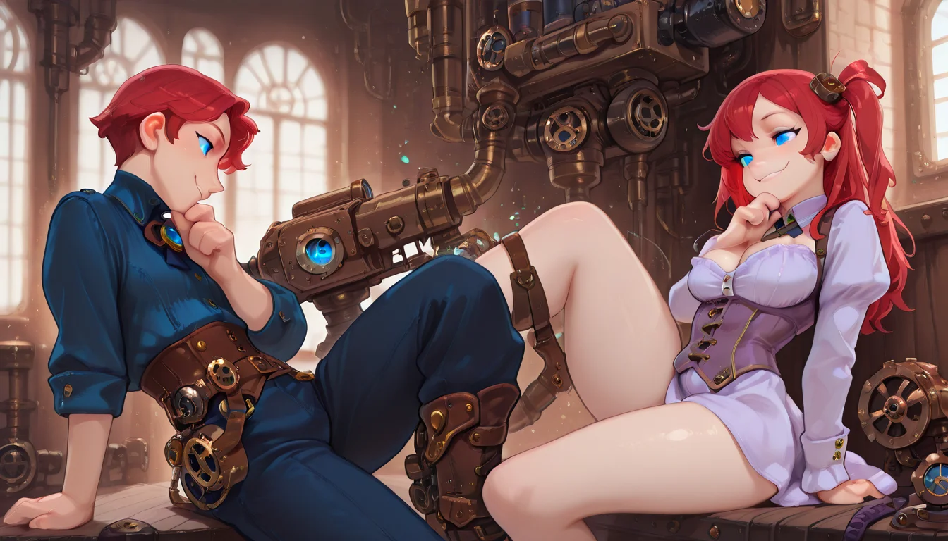 masterpiece, (man), 2boys, androgynous, man with breasts, small breasts, medium breasts, large breasts, gender transformation, steampunk, machinery, lavender clothing , touching own chin ,holding object , leg outstretched ,knee up , side view,front view, red hair, one side up hair, blue eyes, dark blue clothes, smirking,tilting head