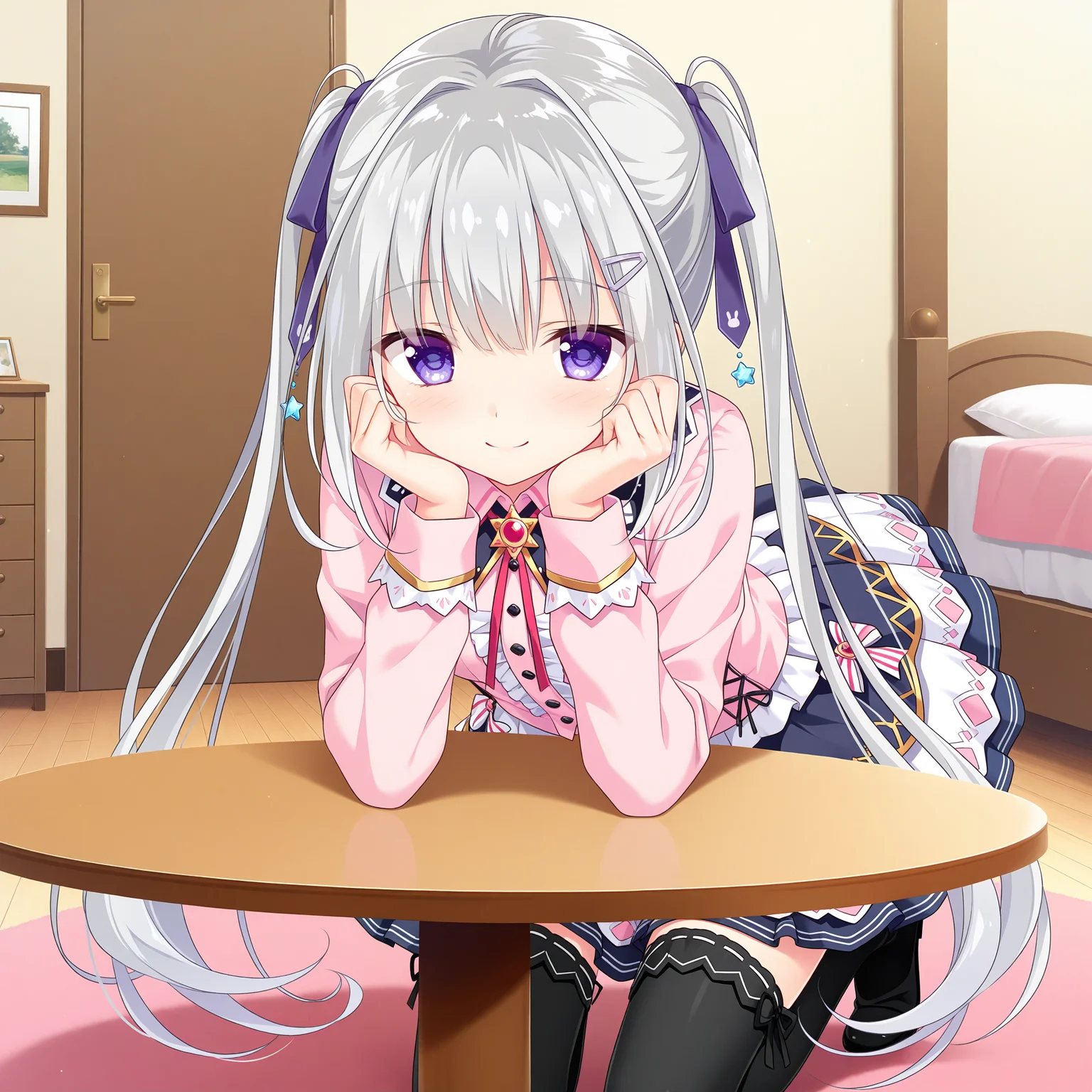 <lora:Yamabuki_Kuon_1_nai-000027:1>,Yamabuki Kuon,twintails,
hairclip,hair ribbon,purple ribbon,star ornament,official outfit,black thighhighs,pink shirt,collared shirt,criss-cross strings,red brooch,star brooch,neck ribbon,red ribbon,frilled shirt,white skirt,layered skirt,bow skirt,ribbon-trimmed thighhighs,dark blue skirt,
BREAK
1girl,solo,front view,looking at viewer,head rest,table,indoors,leaning forward,hands on own face,smile,kneeling,bedroom,arms on table,arm support,