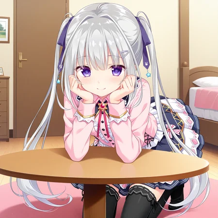 <lora:Yamabuki_Kuon_1_nai-000027:1>,Yamabuki Kuon,twintails,
hairclip,hair ribbon,purple ribbon,star ornament,official outfit,black thighhighs,pink shirt,collared shirt,criss-cross strings,red brooch,star brooch,neck ribbon,red ribbon,frilled shirt,white skirt,layered skirt,bow skirt,ribbon-trimmed thighhighs,dark blue skirt,
BREAK
1girl,solo,front view,looking at viewer,head rest,table,indoors,leaning forward,hands on own face,smile,kneeling,bedroom,arms on table,arm support,