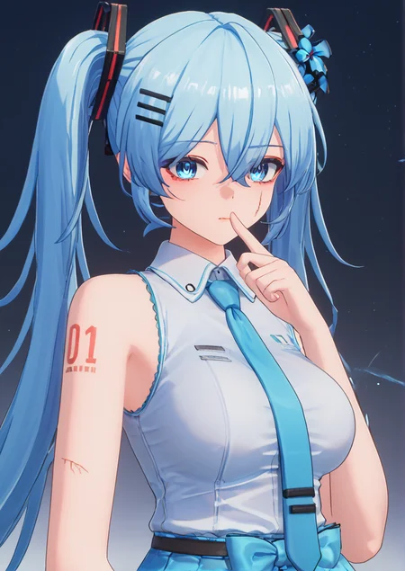 1girl, hatsune miku, huge breast, 3d, @_@, arm tattoo, arm warmers, bare shoulders, blue background, blue eyes, blue hair, blue necktie, closed mouth, cuts, eyelid pull, finger to eye, glowing, glowing eyes, hair between eyes, hair ornament, hair over eyes, hairclip, injury, light blue background, light blue hair, looking at viewer, necktie, neon lights, self-harm, self-harm scar, shirt, sleeveless, solo, tattoo, twintails, white shirt,  zPDXL3  <lora:Wuthering_Wavesé¸£æ½®:1>