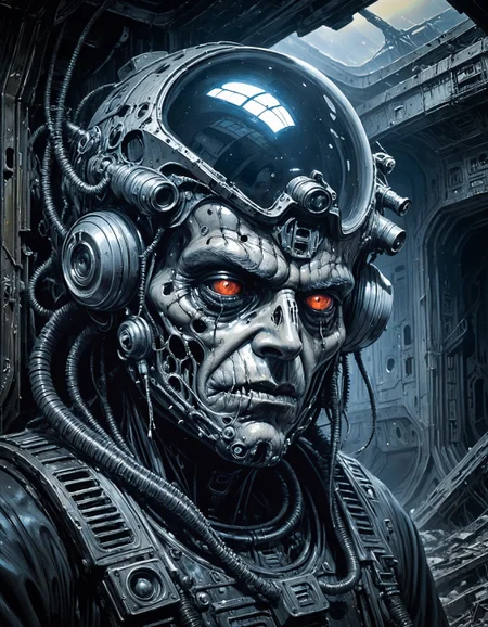 "Close-up, front-facing view of a scavenger, his face reflecting horror, within the chilling confines of a derelict space station. Sharp contrasts, lavishly intricate, drawing from H.R. Giger", surrealism, weird and pissed off, oil on canvas, dry brush, <lora:John Berkey Style:0.9>, John Berkey Style