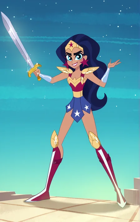 ((score_9)), score_8_up, ((high quality)), ((masterpiece)) BREAK
DCSG Style, DianaP, Wonder Woman, Star Earrings, shoulder armor, armor, knee boots, Black Hair, Jewelry, looking at viewer, smiling, good anatomy, five fingered hands, outer space, hands up, holding one sword<lora:DC_Superhero_Girls_2019:0.8>,<lora:pony_good_hands:0.8>