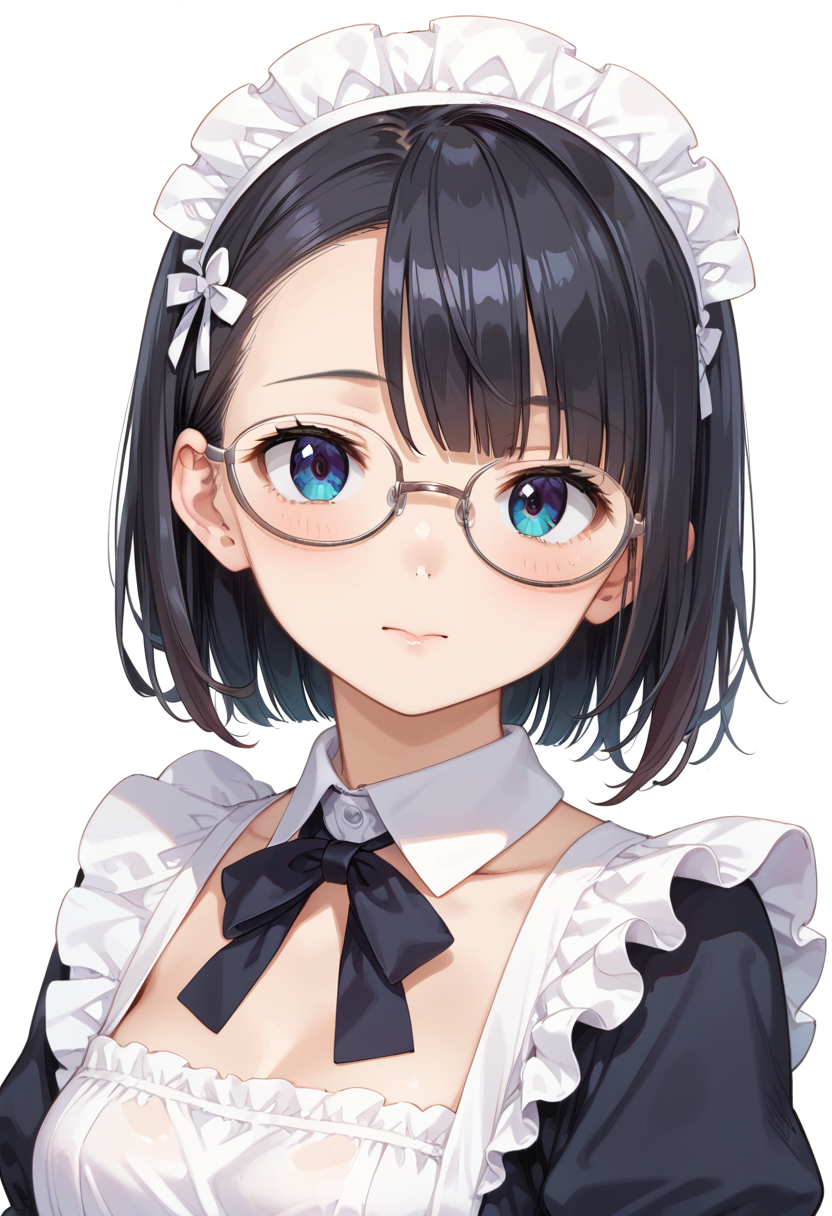 score_9, score_8_up, score_7_up, rating_safe, masterpiece, best quality, absurdres, unity 8k wallpaper, official art, official style, source_anime, uncensored, game cg, megami magazine,
1girl, solo, black hair, medium hair, upper body, covered eyes,maid, maid headdress, black dress, maid apron, face focus,
oval_metal, glasses, still life, white background, simple background, grey-framed eyewear,
 <lora:glasses_OvalMetal2_PONY_V1:1>