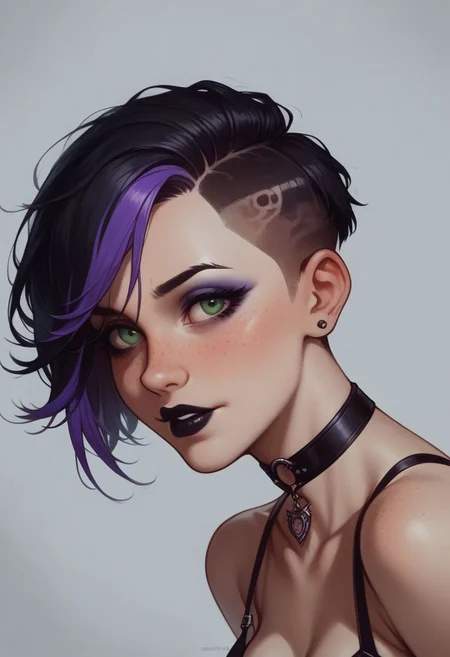 Best quality, masterpiece, detailed picture, realistic, score_9, score_8_up, score_7_up,
((sexy 18 year old tomboy, perfect body, fair skin, cute face, freckles, medium breasts, ((choker, black lipstick, purple eyeshadow, eyeliner, green eyes, black hair, two-tone hair, purple IncursioDipDyedHair, pixie cut purple hair, dimples, colored_buzzcut_hairstyle)), firm butt, round ass, perfect hands, perfect face), <lora:hairstyles-coloredbuzz:0.5>,
gothic, goth fashion, parted lips, blush, nose blush, ((((face focus, view from above, close up of face, solo, alone)))), ((((portrait))))