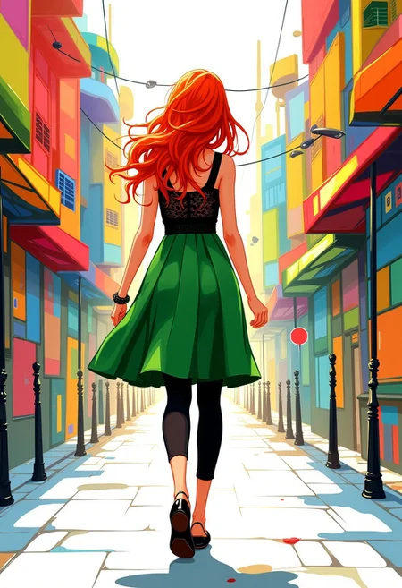 Inkpunk Anime, digital painting, loose paint strokes, a redhead woman walking through a colorful city, green dress with black lace, black leggings, black flats shoes