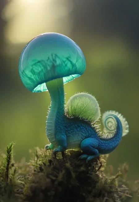 a closeup macro photo of a slightly turquoise/green translucent small mushroom resembling a small Dangerous forest dragon with Open mouth and Sharp teeth, closeup, infront of an blueish sundawn in an eerie meadow, 
deep Blacks, very detailed, atmospheric haze, Film grain, cinematic film still, shallow depth of field, highly detailed, high budget, cinemascope, moody, epic, OverallDetail, 2000s vintage RAW photo, photorealistic, candid camera, color graded cinematic, eye catchlights, atmospheric lighting, imperfections, natural, shallow dof